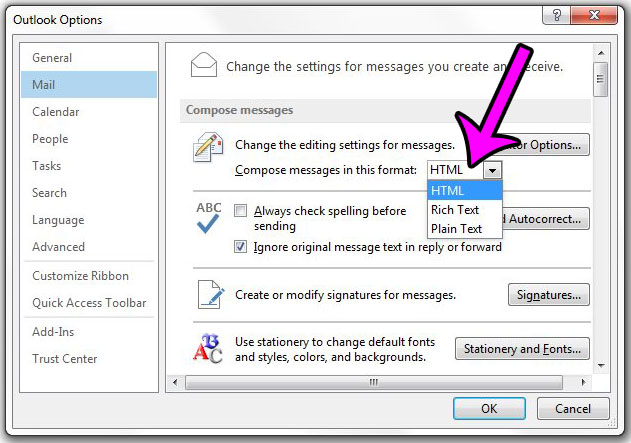 choose the html email format in outlook 2013