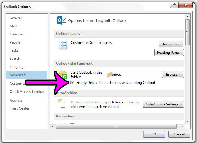 empty deleted items folder on exit in Outlook 2013