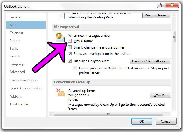 how to turn off the new email sound in outlook 2013