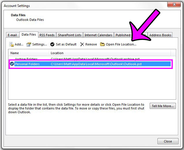 how to find the pst file in outlook 2013