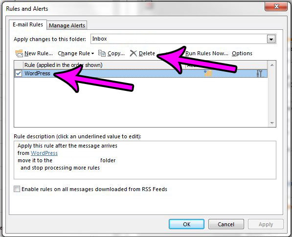 how to delete a rule in outlook 2013